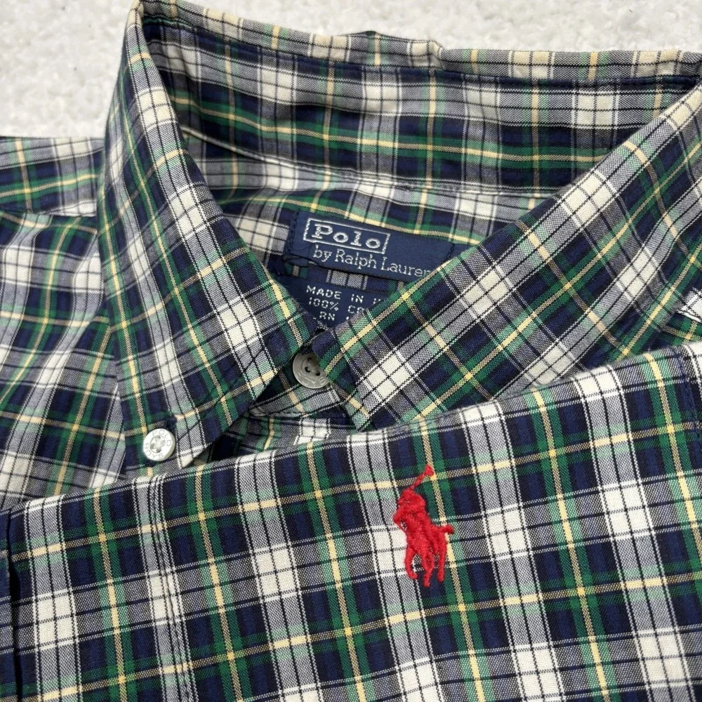 Polo Ralph Lauren Button Down‎ Shirt Mens XL (FITS M) Navy Blue Green Plaid Pony